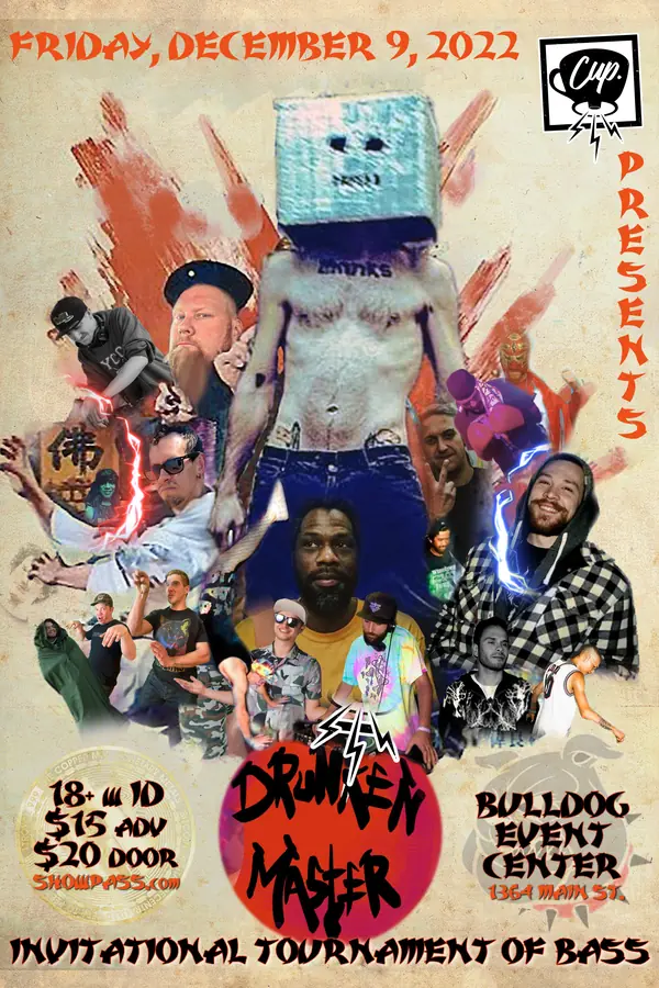 Drunken Master flyer — cut-and-paste collage of the crew