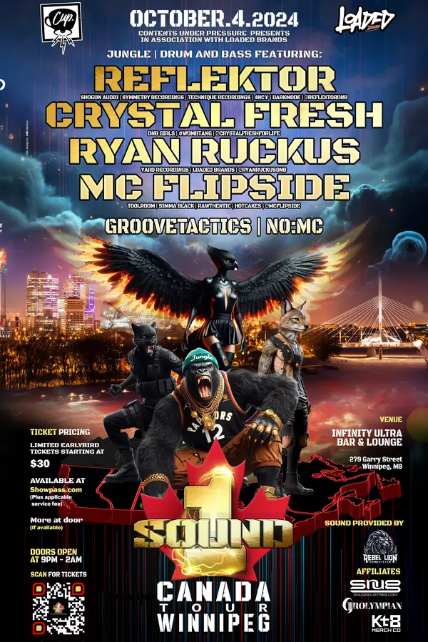 1Sound Canada Tour Winnipeg flyer — a gorilla and animal-warrior crew over the Winnipeg skyline