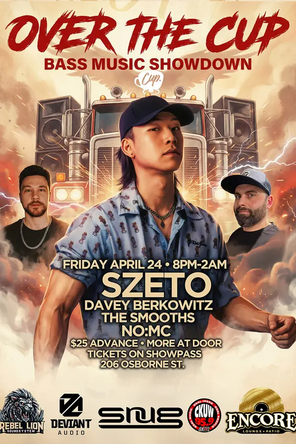 Over The Cup flyer — Szeto in front of a speaker-stacked semi truck