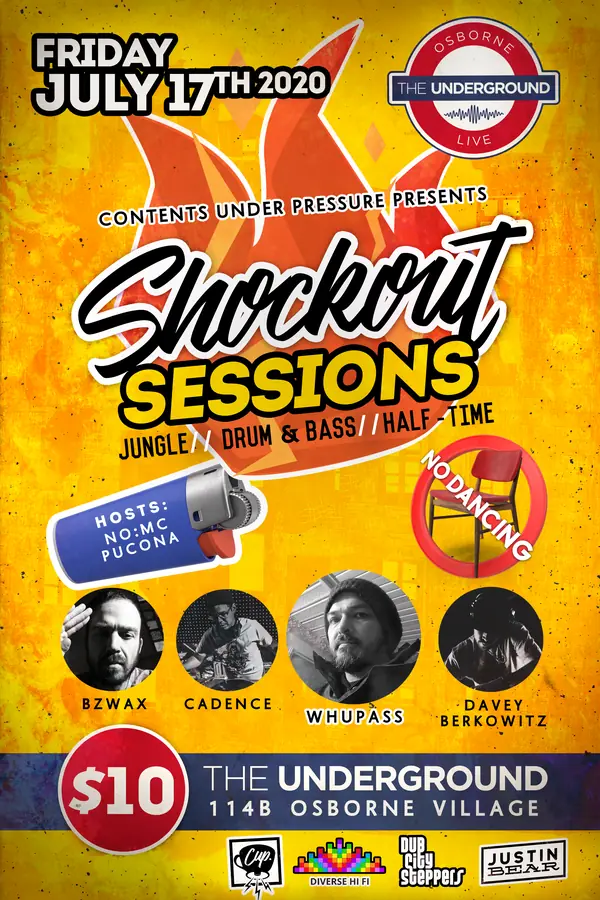 Shockout Sessions flyer — yellow flame artwork